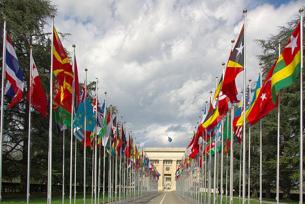 A long row of flags in front of a building.