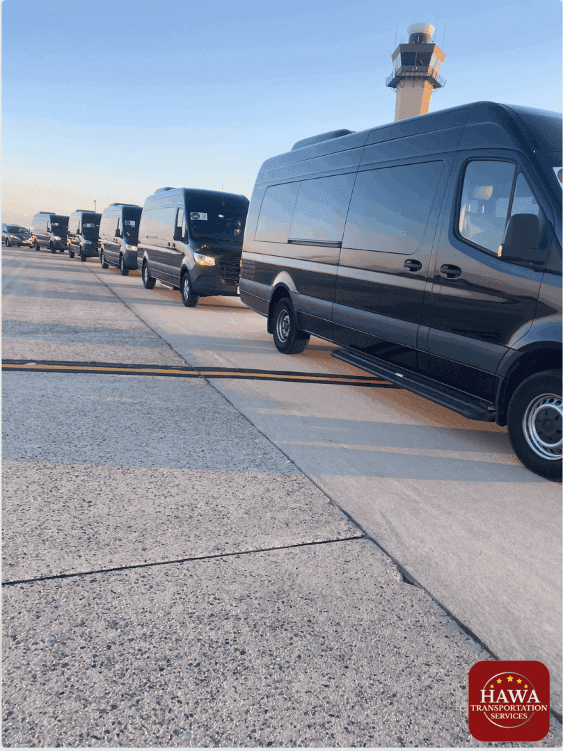 Fleet of shuttle vans under control tower